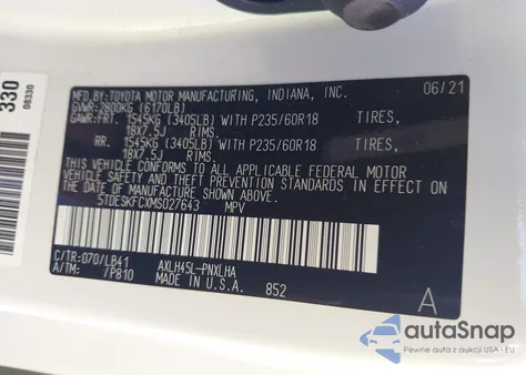 2021 Toyota Sienna Platinum z USA, uszkodzony, nr VIN 5TDESKFCXMS027643